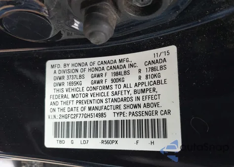 2016 Honda Civic Ex from USA, damaged, VIN 2HGFC2F77GH514985